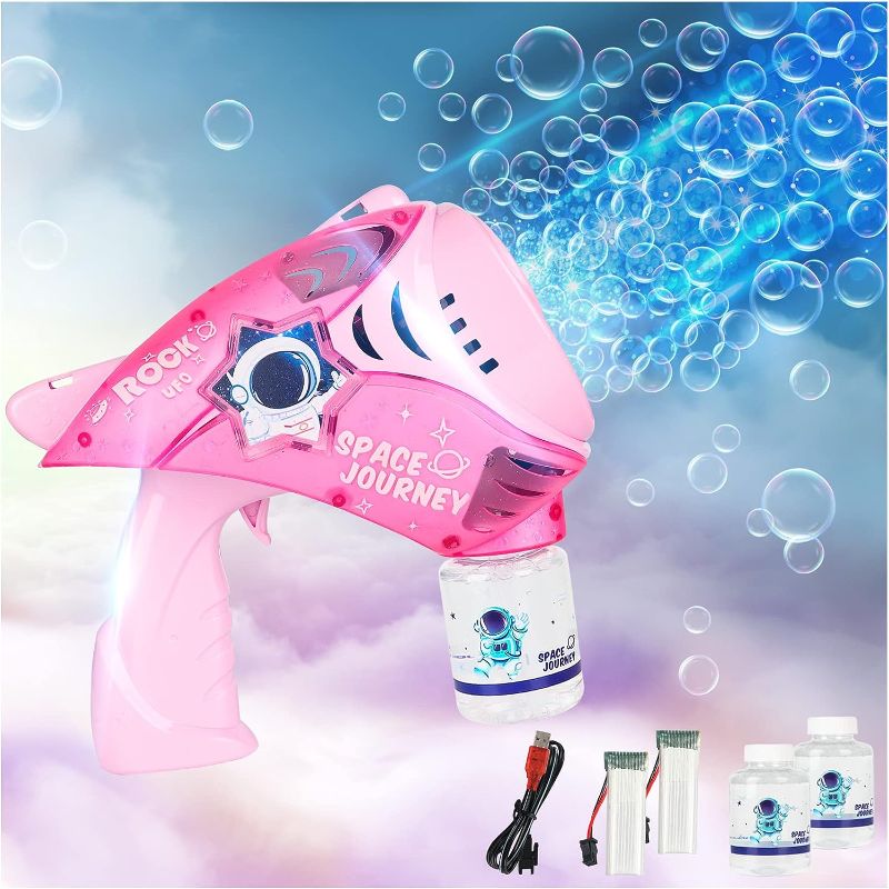 Photo 1 of  Space Bubble Gun Automatic Bubble Machine - 10000+ Bubbles in 1 Minute - Durable Bubble Maker with LED Lights - 360-Degree Leak-Proof - Rechargeable Bubble Blower Sets for Kid and Adult PINK