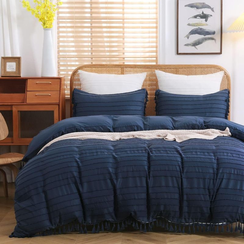 Photo 1 of  Soft Microfiber Textured Duvet Cover Set with Tassels Design, Boho Chic Embroidery Striped Pattern Dark Blue, Queen Size 3-Piece Set (1 Duvet Cover 2 Pillow Shams)