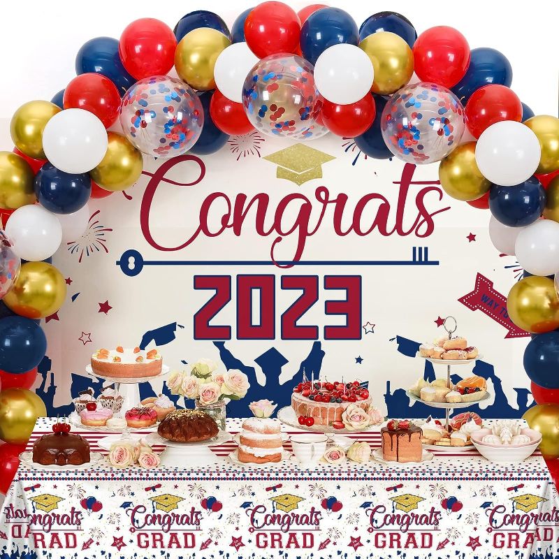 Photo 1 of 2023 Graduation Party Decorations Class of 2023 Graduation Decorations with Graduation Banner Tablecloth for Prom Decorations(Navy Blue & Red)