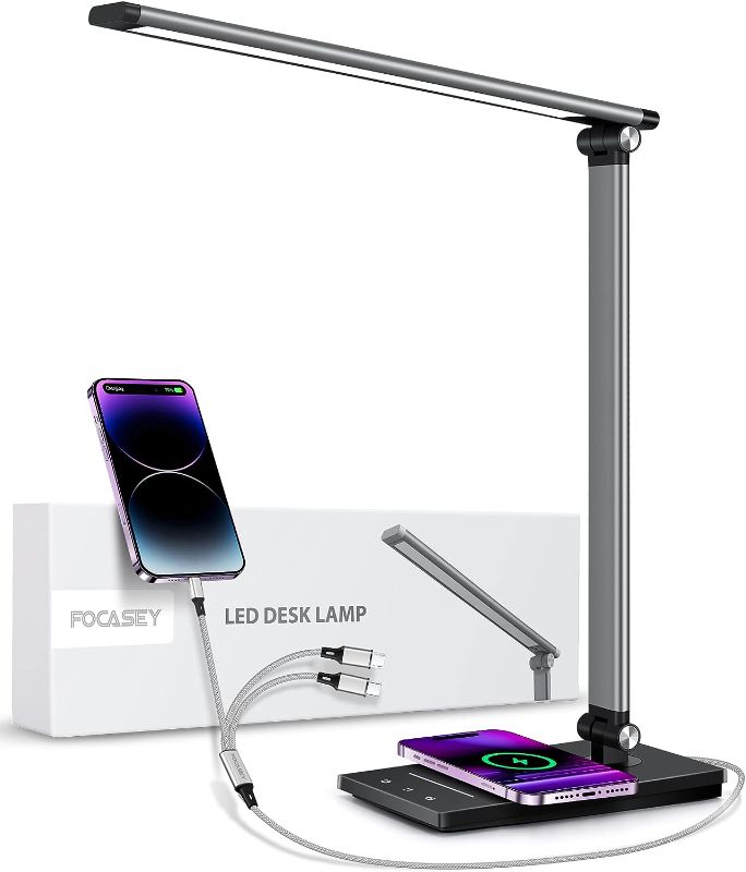 Photo 1 of FOCASEY LED Desk Lamp with Wireless Charger,USB Charging Port,Eye-Caring Desk Lamps for Home Office,Touch Control Table Lamp with 25 Lighting Modes,Desk Light for Study,Reading,Office,Black