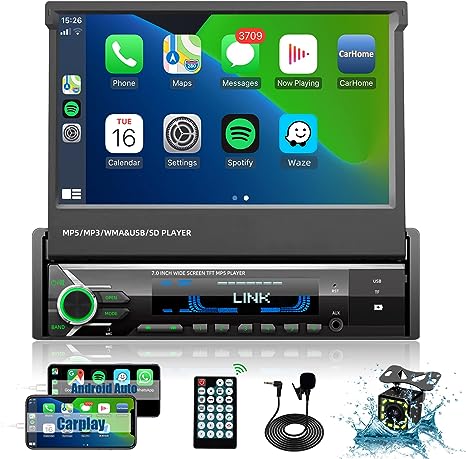 Photo 1 of Single Din Car Stereo Player Compatible with Apple Carplay & Android Auto – 7 Inch Motorized In Dash Touch Screen Stereo with Bluetooth| Mirror Link | HD Backup Camera | AUX | AM FM Car Radio