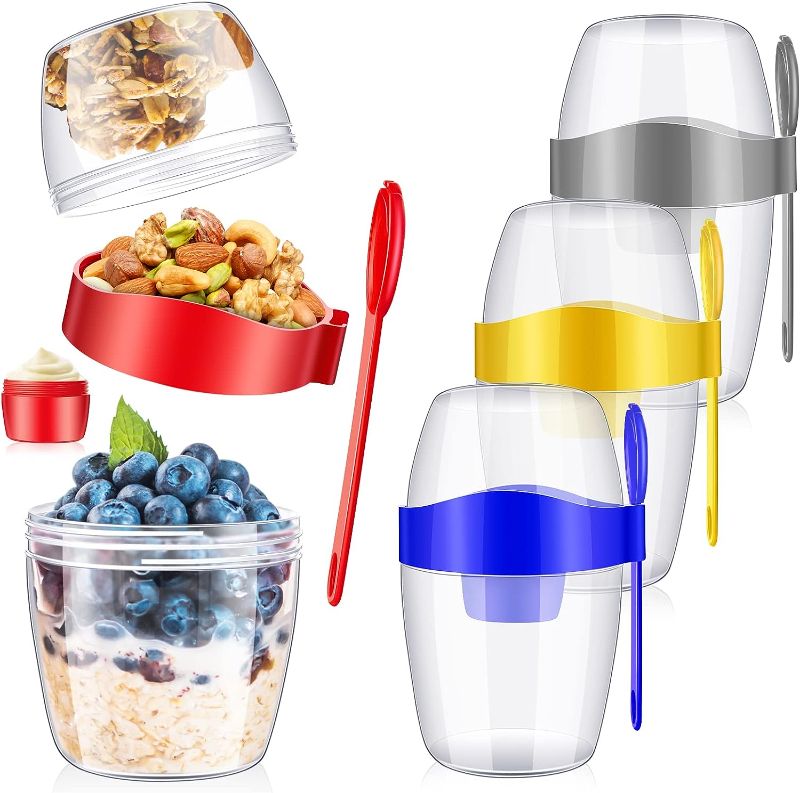 Photo 1 of 4 Pcs 29 oz Take and Go Cup with Topping Portable Reusable Salad Meal Shaker Cup Cereal Container for Work with Lid and Spork for Lunch Food Yogurt Overnight Oats Oatmeal Parfait, Blue Yellow Red Gray