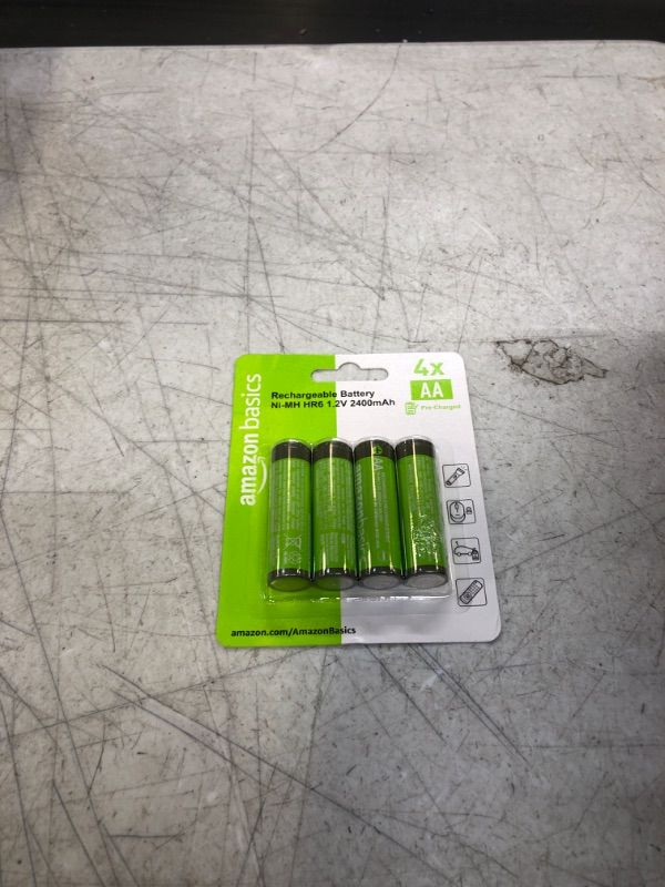 Photo 1 of Amazon Basics 4-Pack Rechargeable AA NiMH High-Capacity Batteries, 2400 mAh, Recharge up to 400x Times, Pre-Charged 4 Count (Pack of 1)