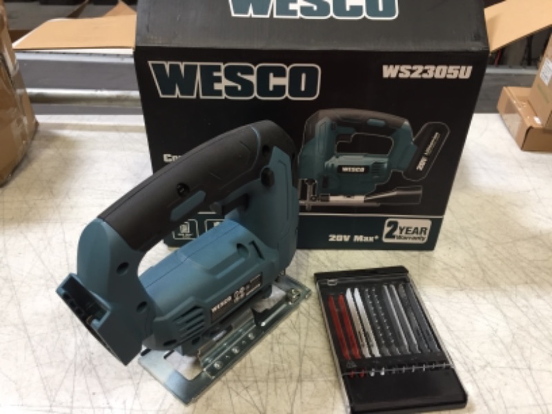 Photo 2 of Wesco Jig Saw, 20V Cordless Jigsaw, LED Light, Variable Speed and Pendulum Function, 45 Degree Beveled Cuts, 2.0Ah Battery and Quick Charger, 10pcs T-Shank Blades