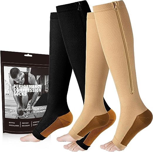 Photo 1 of cerpite Zipper Compression Socks - 2 Pairs Open Toe Compression Stockings for Men Women 15-20mmHg - (BEIGE BLACK COPPER) LARGE/XLARGE