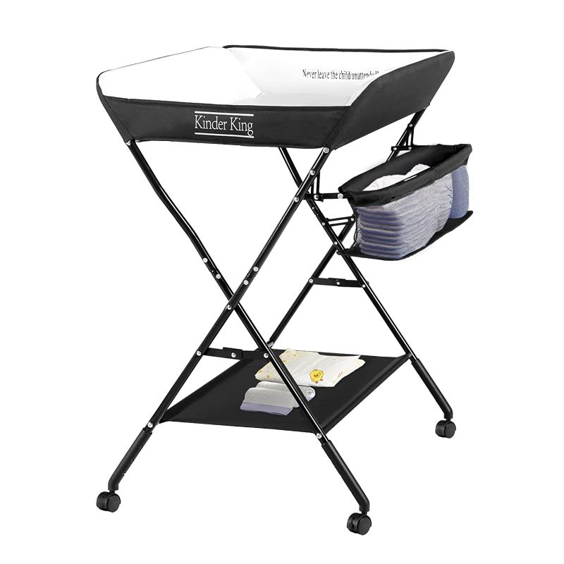 Photo 1 of Kinder King Portable Baby Changing Table w/Wheels, Adjustable Height Folding Infant Diaper Station, Mobile Newborn Nursery Organizer, Large Storage Rack, Black
