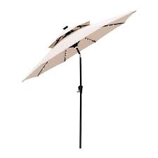 Photo 1 of 9 ft. Aluminum Market Solar Lighted Tilt Patio Umbrella with LED in Beige Solution Dyed Polyester
