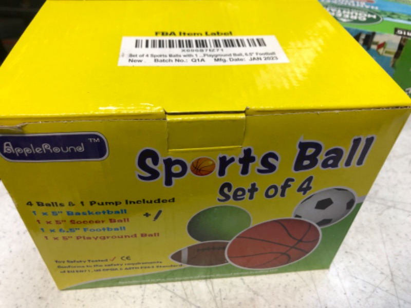 Photo 2 of AppleRound Pack of 4 Sports Balls with 1 Pump: 1 Each of 5" Soccer Ball, 5" Basketball, 5" Playground Ball, and 6.5" Football (4 Balls and 1 Pump)
