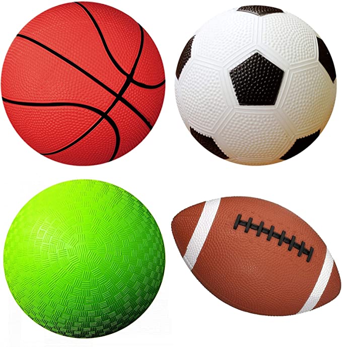 Photo 1 of AppleRound Pack of 4 Sports Balls with 1 Pump: 1 Each of 5" Soccer Ball, 5" Basketball, 5" Playground Ball, and 6.5" Football (4 Balls and 1 Pump)
