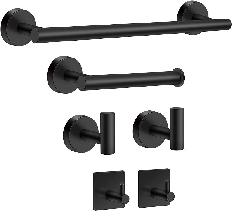 Photo 1 of 6-Piece Matte Black Bathroom Hardware Set Black Towel Bar Set, Stainless Steel Towel Racks for Bathroom, 16" Black Hand Towel Bar + Toilet Paper Holder + 4 Towel Hook Bathroom Hardware Accessories Set
