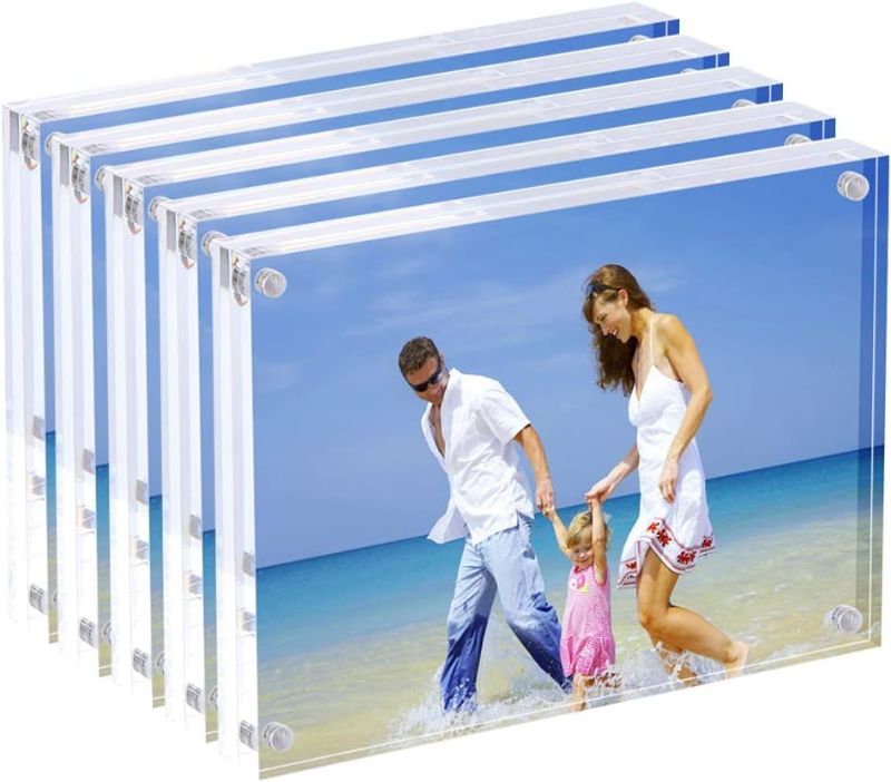 Photo 1 of AMEITECH Acrylic Picture Frames, 4x6'' Clear Double Sided Block Set, Desktop Frameless Magnetic Photo Frame (5 Pack)
