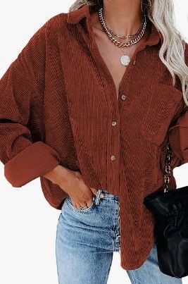 Photo 1 of Dokotoo Womens Corduroy Button Down Shirts Boyfriend Long Sleeve Oversized Blouses Tops ------- NEEDS CLEANING ------ BURNT ORANGE
