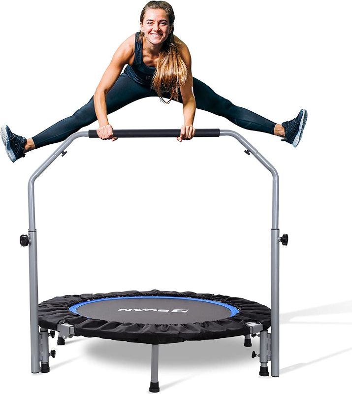 Photo 1 of BCAN 40/48" Foldable Mini Trampoline, Fitness Rebounder with Adjustable Foam Handle, Exercise Trampoline for Adults Indoor/Garden Workout Max Load... (STOCK PHOTO USED AS REFERENCE) COLOR MAY VARY  **FACTORY SEALED**