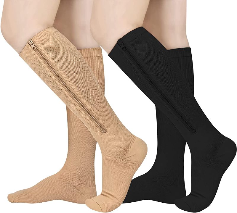 Photo 1 of Athbavib 2 Pairs Zipper Compression Socks, 15-20 mmHg Closed Toe Compression Stocking with Zipper for Women and Men XL 
