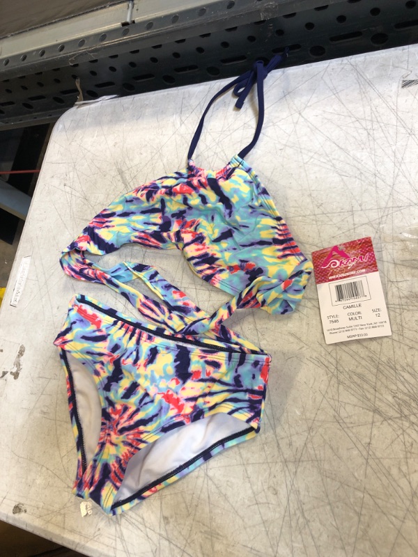 Photo 2 of Kanu Surf Girls' Mahina UPF 50+ Beach Sport Halter Bikini 2-Piece Swimsuit, Camille Multi, 12
