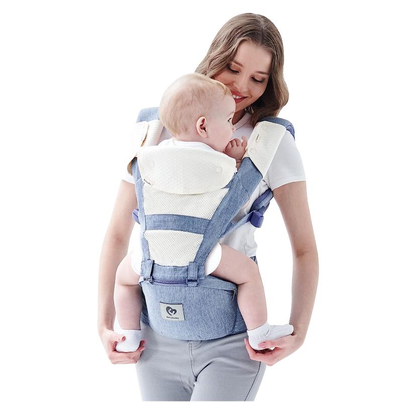 Photo 1 of Baby Carrier, Bellababy Multifunction Baby Carrier Hip Seat (Ergonomic M Position) for 3-36 Month Baby, 6-in-1 Ways to Carry, All Seasons, Adjustable Size, Perfect for Shopping Travelling (Blue)
