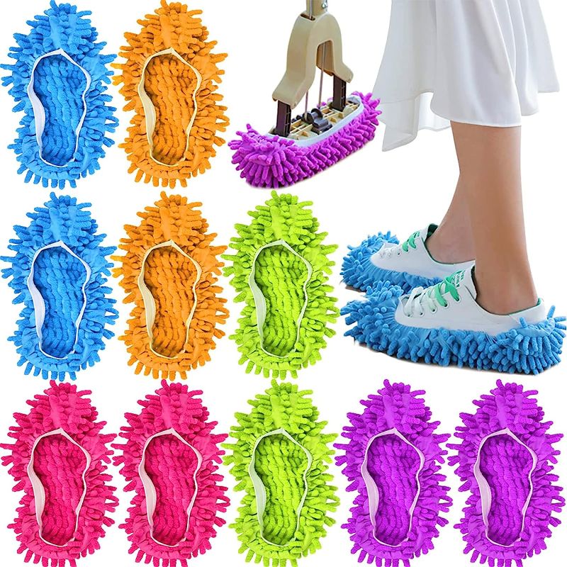 Photo 1 of 10 Pieces Microfiber Mop Slippers Shoes Cover Soft Washable Reusable Floor Polishing Dust Dirt Hair Men Women Sweeper Cleaning Mop Tool for House Office Bathroom Kitchen, Multicolored 5 Pairs
