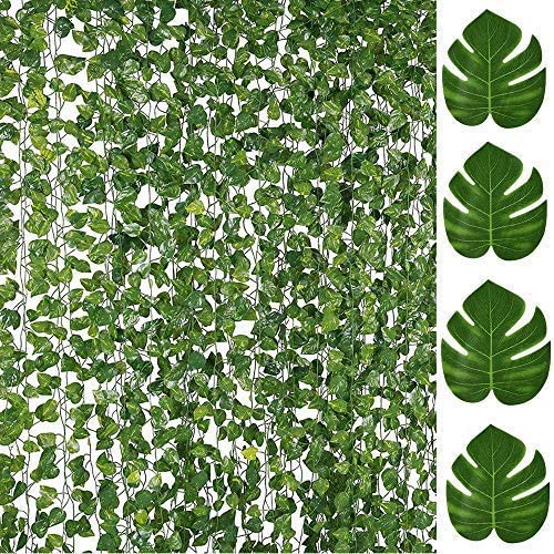 Photo 1 of 84FT Artificial Vines with Leaves Fake Ivy Foliage Flowers Hanging Garland 12PCS Individual Strands Plus 12PCS Faux Monstera Tropical Palm Leaves,Home Party Wall Garden Wedding Decors Indoor Outdoor
