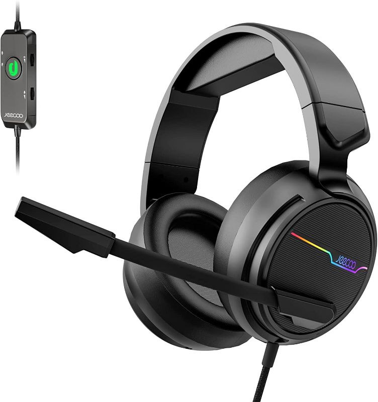 Photo 1 of Jeecoo V20U USB Pro Gaming Headset for PC - 7.1 Surround Sound Headphones with Noise Cancelling Microphone- Memory Foam Ear Pads RGB Lights for Laptops
