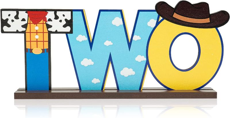 Photo 1 of C1krint Toy Inspired Two Letter Sign Wooden Centerpiece, Cowboy 2nd Birthday Party Decoration Table Ornament Photo Props for Two Year Old Baby Boys Cartoon Theme Second Birthday Party Decor Supplies