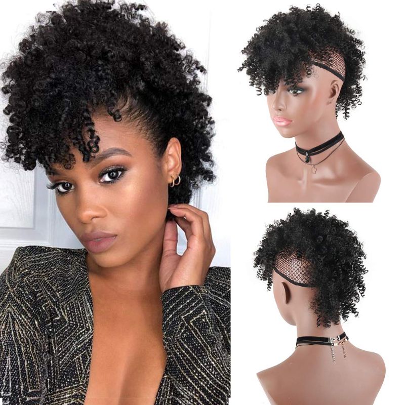 Photo 1 of Aisaide High Puff Afro Ponytail with Bangs Drawstring,Short Kinky Curly Drawstring Ponytail Extension,Synthetic Clip in Mohawk Ponytail Bun with Bangs,Wrap Updo Clip in Hair Extensions with Six Clips