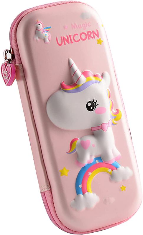 Photo 1 of FEWOFJ 3D Unicorn Pencil Case for Kids Girls, Waterproof Pencil Box with Compartments Cute Pen Pouch (Pink)