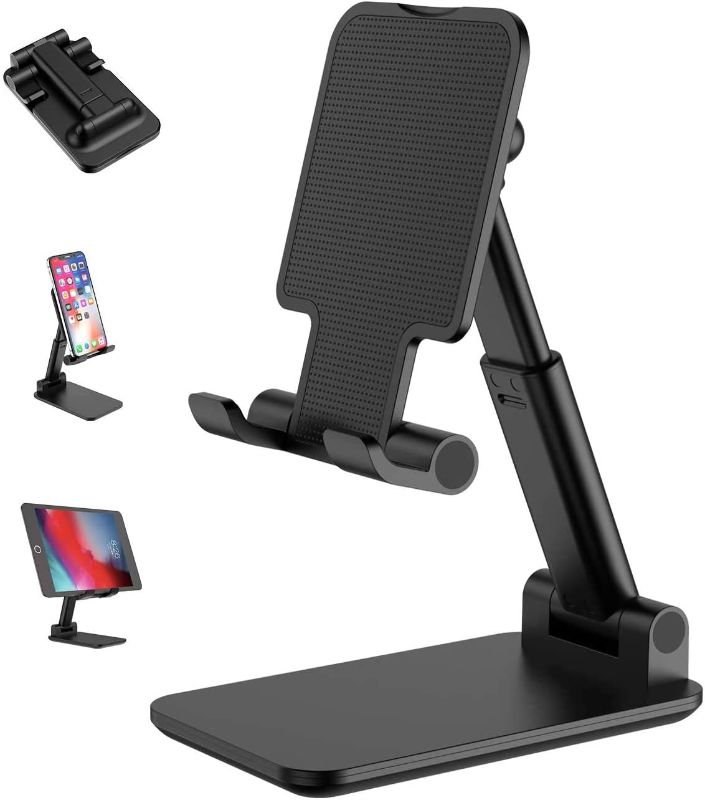 Photo 1 of Adjustable Cell Phone Stand, Foldable Phone Holder Tablet Stand for Desk, Angle Height Adjustable (BLACK)