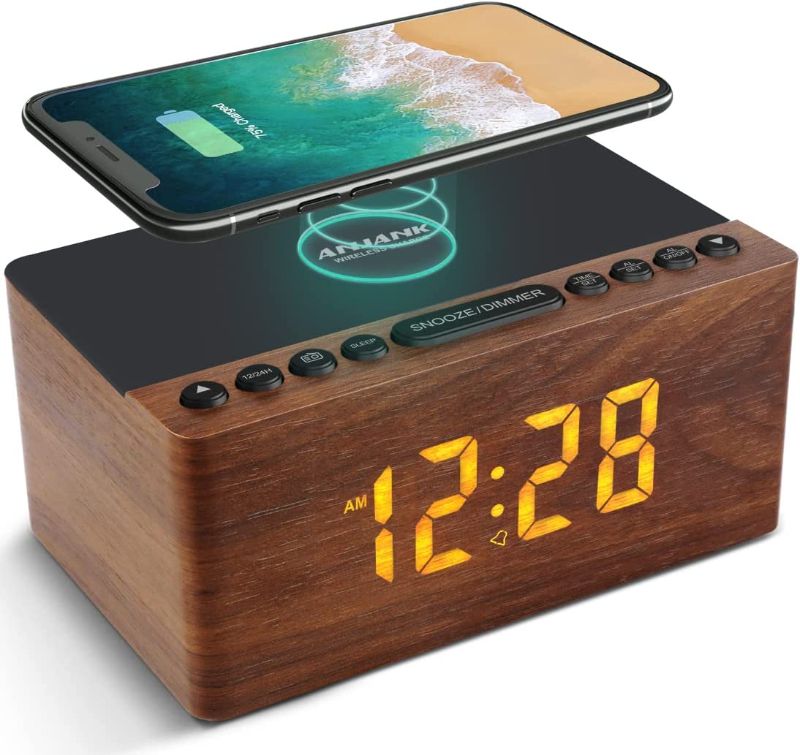 Photo 1 of ANJANK Bedside Wooden FM Radio Alarm Clock,10W Super Fast Wireless Charger Station for Iphone/Samsung Galaxy,USB Charging Port, 5 Level Digital Dimmable Led Display,Mains Powered with Backup Battery  -- FACTORY SEALED --
 