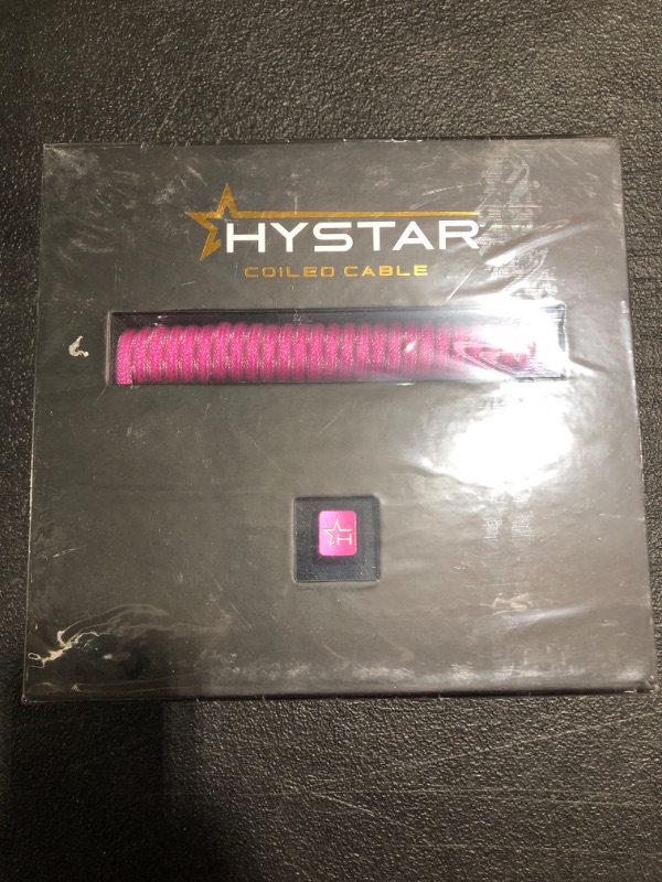 Photo 2 of Hystar Coiled USB Aviator Cable for Keyboard, Double Sleeved Cable, 5ft Cable Length, Gold Plated, Type-C Connection, 90 Degree Exit, Includes Aluminum Artisan Keycap (Pink). FACTORY SEALED NEW!