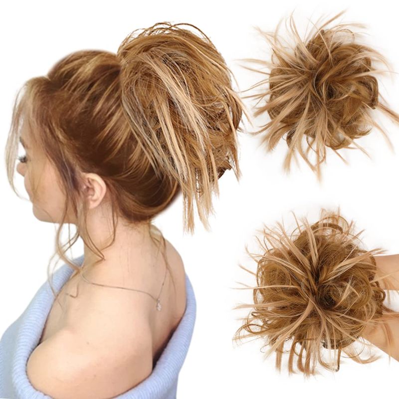 Photo 1 of HMD Tousled Updo Messy Bun Hairpiece Hair Extension Ponytail with Elastic Rubber Band Updo Ponytail Hairpiece Synthetic Hair Extensions Scrunchies Ponytail Hairpieces for Women(Tousled Updo Bun, Strawberry Blonde & Light Ash Brown) 