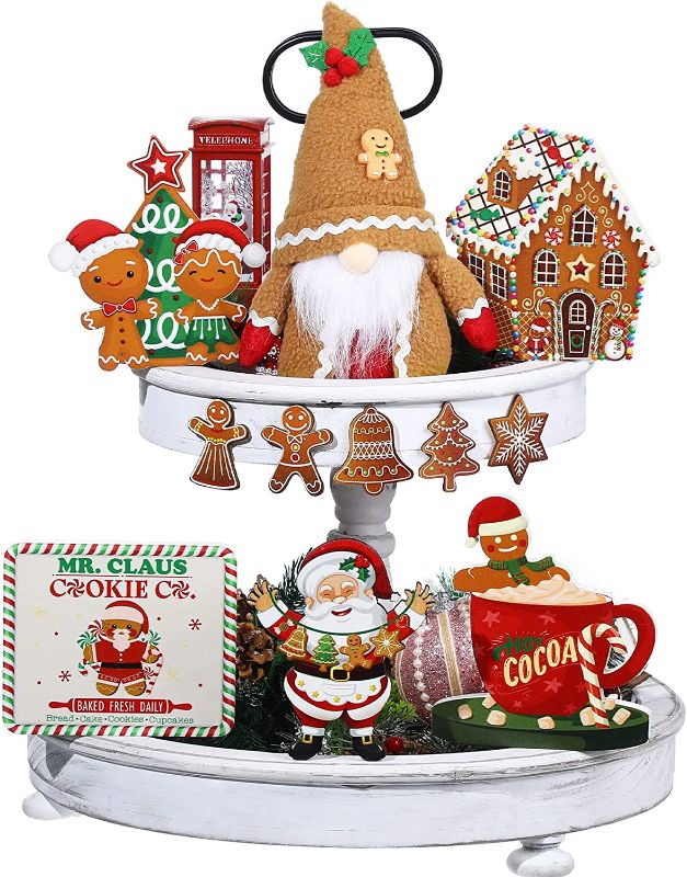 Photo 1 of 11 Pcs Gingerbread Christmas Decor Wooden Blocks Signs Christmas Table Gingerbread House Tiered Tray Decor Xmas Gnome Santa Gingerbread Man Cookies Decor for Home Holiday Party 