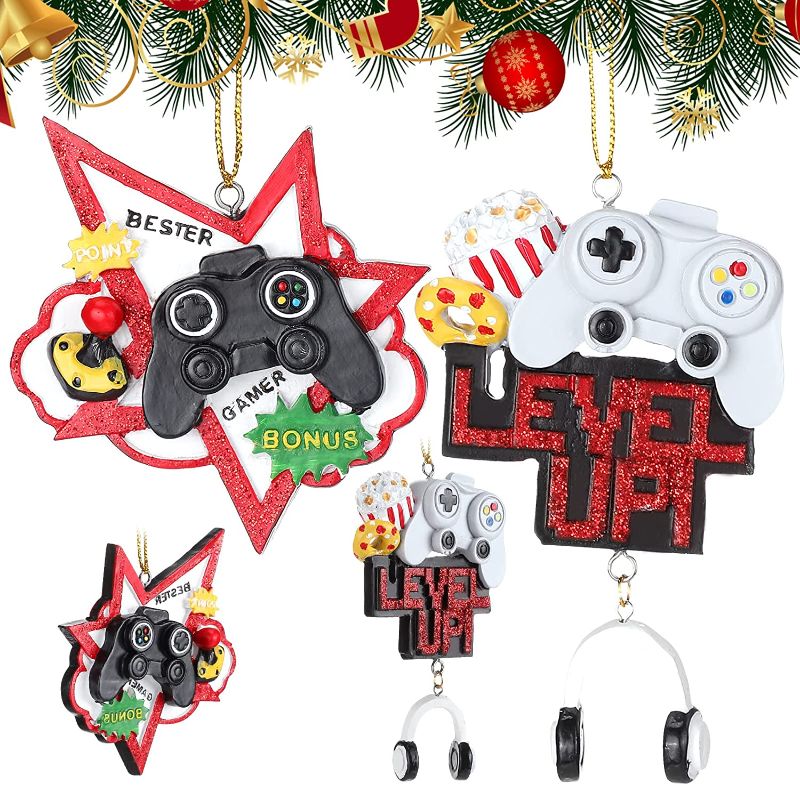 Photo 1 of 4 Pcs Video Game Controller Christmas Ornaments Set for Christmas Tree Decorations Resin Game Theme Hanging Home Decorative Xmas Gift for Gamer 