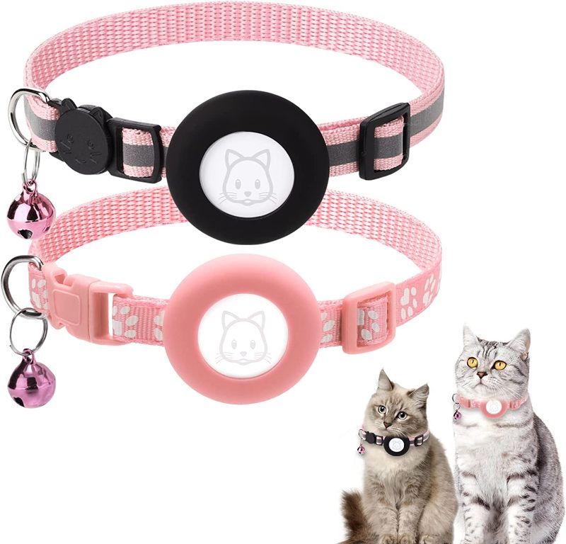 Photo 1 of 2Pack Airtag Cat Collar, Reflective Air Tag Cat Collars with Safety Buckle and Removable Bell, Cat Collar with Waterproof Airtag Holder Compatible with Apple Airtag Small Pet Collar 