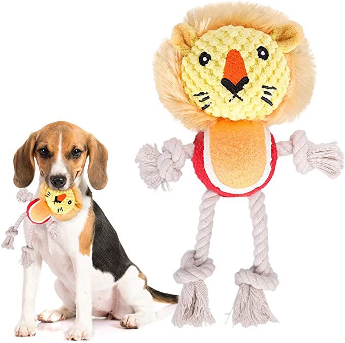 Photo 1 of Dog Rope Toy Chew Toys for Small and Medium Dog - Pet Interactive Squeaky Toy with Tennis Ball Body for Puppy Small Dogs Teething (Lion Shape) 