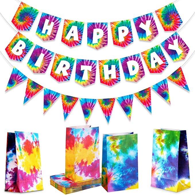 Photo 1 of 15 Pieces Tie Dye Paper Bags Treat Bags Happy Birthday Banner Garland Tie Dye Party Accessories Colorful Party Decoration for Birthday Party Vintage Theme Party Tie Dye Theme Party 