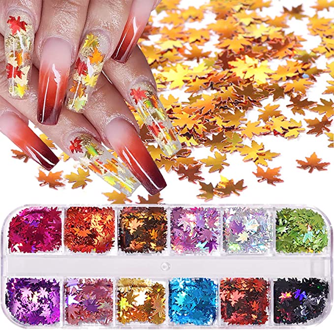 Photo 1 of 12 Colors Fall Leaf Glitter Nail Sequins - 3D Maple Leaf Holographic Nail Art Flakes Colorful Confetti Glitter Sticker Decals Manicure Nail Art Design Makeup DIY Christmas Decorations (2 Pack)