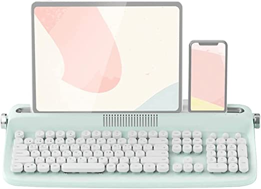 Photo 2 of RETRO Typewriter Keyboard Wireless Bluetooth 5.0 Retro Aesthetic Cute Kawaii Round Keycaps 106-Key with Num Pad Membrane Keys with Pad/Phone Holder for Windows/Mac OS/Android/iOS (Mint)
