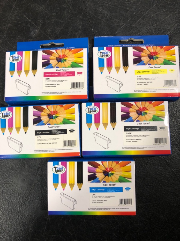 Photo 1 of COOL TONER INJET CARTRIDGE C7K CANON PIXMA MX7600
5 PKS PINK,YELLOW,BLACK,PHOTO BLACK, BLUE