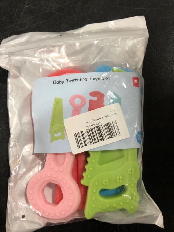 Photo 2 of 4Pack Teething Toys for Babies 0-6 Months with Lanyard, Baby Infant Teething Toys for Molars 6-12 Months, Freezer Safe Soft Silicone Baby Molar Teether Chew Toys Wrench Pliers Shape