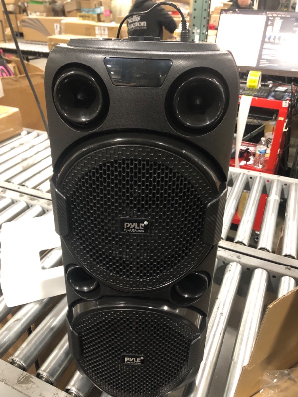 Photo 1 of Bluetooth Portable PA Party Speaker - 600W Dual 8” Rechargeable Outdoor BT Karaoke Audio System w/ Guitar / Mic Input, TWS, X-Bass Function, Flashing Party Circular Rotary Lights, MP3/USB/AUX/FM 600 watts