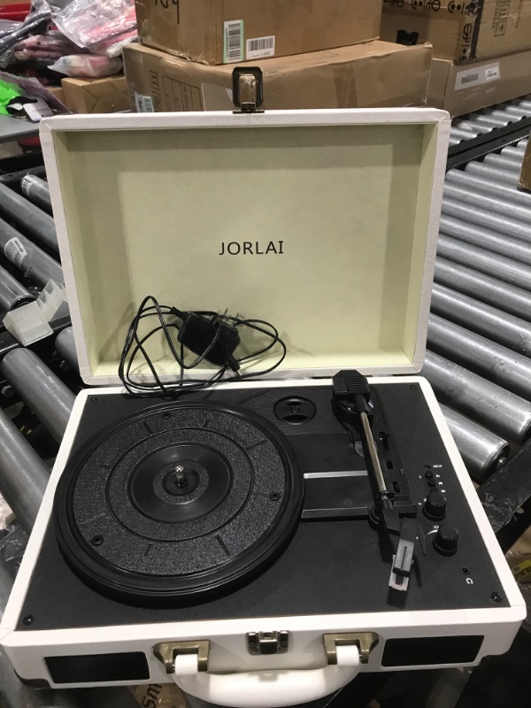 Photo 1 of JORLAI Record Player 3 Speeds Turntable with Bluetooth Built-in Battery Stereo Speakers Vintage Record Player Belt Driven Protable Suitcase PC Recording White
