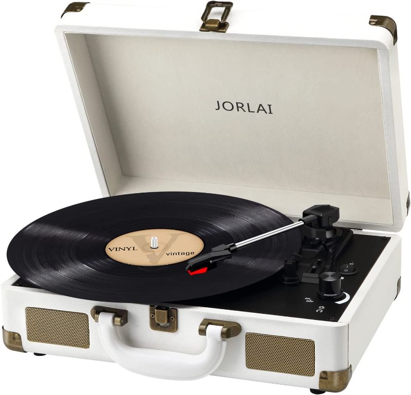 Photo 1 of JORLAI Record Player 3 Speeds Turntable with Bluetooth Built-in Battery Stereo Speakers Vintage Record Player Belt Driven Protable Suitcase PC Recording White
