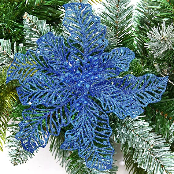 Photo 1 of 15 Pcs Blue Christmas Poinsettia Flowers, 7" Glitter Artificial Christmas Tree Flowers Ornaments with Clips, Xmas Wreath Garland Poinsettia Decorations for Winter Holiday Party - Royal Blue
