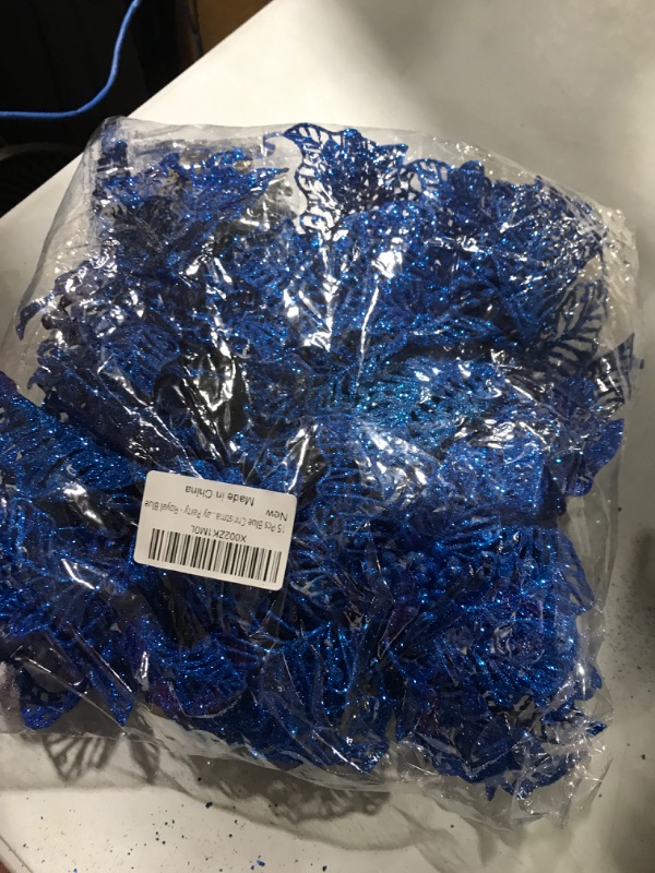 Photo 2 of 15 Pcs Blue Christmas Poinsettia Flowers, 7" Glitter Artificial Christmas Tree Flowers Ornaments with Clips, Xmas Wreath Garland Poinsettia Decorations for Winter Holiday Party - Royal Blue
