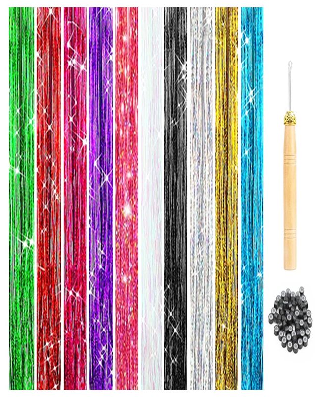 Photo 1 of (2 PACK) ADIASAI Hair Tinsel Kit 47 Inches 10 Colors 2000 Strands Hair Tinsel Heat Resistant Fairy Hair Tinsel with Tool, Sparkling Glitter Shiny Silk Tinsel for Halloween Cosplay Christmas New Year Party