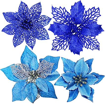 Photo 1 of 24 Pcs 4 Styles Christmas Blue Metallic Mesh Glitter Artificial Poinsettia Flower Stems Tree Ornaments in Box for Blue Christmas Tree Wreaths Garland Floral Gift Winter Wedding Holiday Decoration
