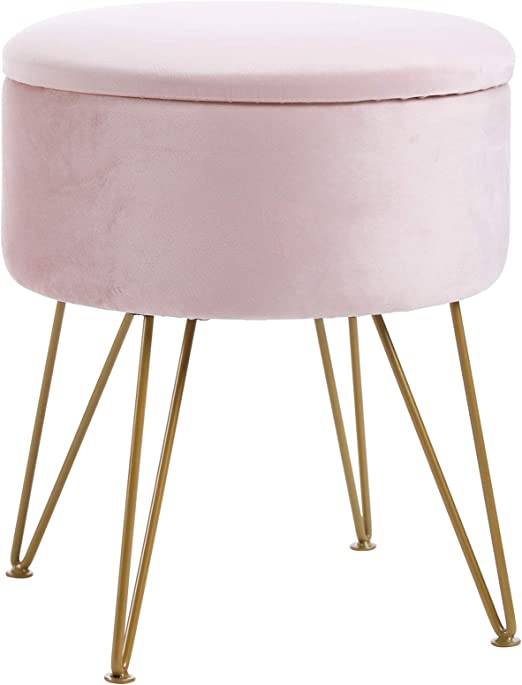 Photo 1 of  Velvet Round Footrest Stool Ottoman, Makeup Vanity Stool Side Table, Velvet Dressing Table Seat Pouf Couch Stool Golden Steel Legs 15" IN ROUND - 17-18"IN TALL 