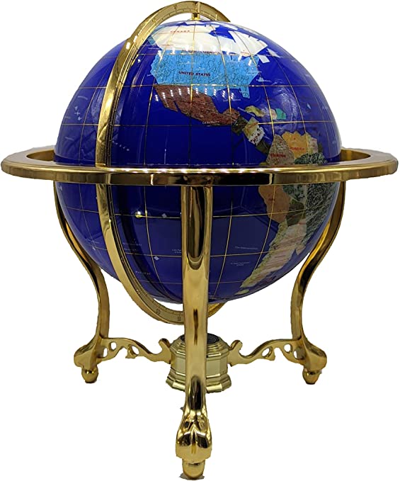 Photo 1 of Unique Art 21-Inch Tall Blue Lapis Ocean Table Top Gemstone World Globe with Gold Tripod
