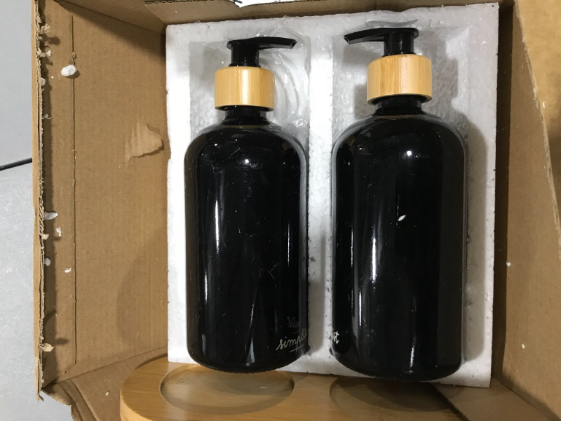 Photo 2 of 2 Pack Kitchen Soap Dispenser Set with Bamboo Tray, Glass Soap Dispenser Pump, Hand and Dish Soap Dispenser Set for Bathroom, Refillable Lotion Dispenser Sanitizer Shampoo Conditioner Labels (Black)