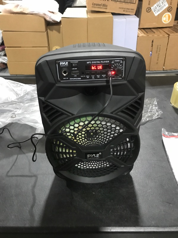 Photo 2 of Portable Bluetooth PA Speaker System - 300W Rechargeable Indoor/Outdoor Bluetooth Portable PA System w/ 8” Subwoofer 1” Tweeter, Microphone In, Party Lights, MP3/USB, Radio, Remote - Pyle PPHP836B